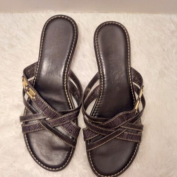 Womens Strappy Sandals Size 9 Made in Italy Black Leather Slip On 1.5" Wedge - Picture 10 of 12
